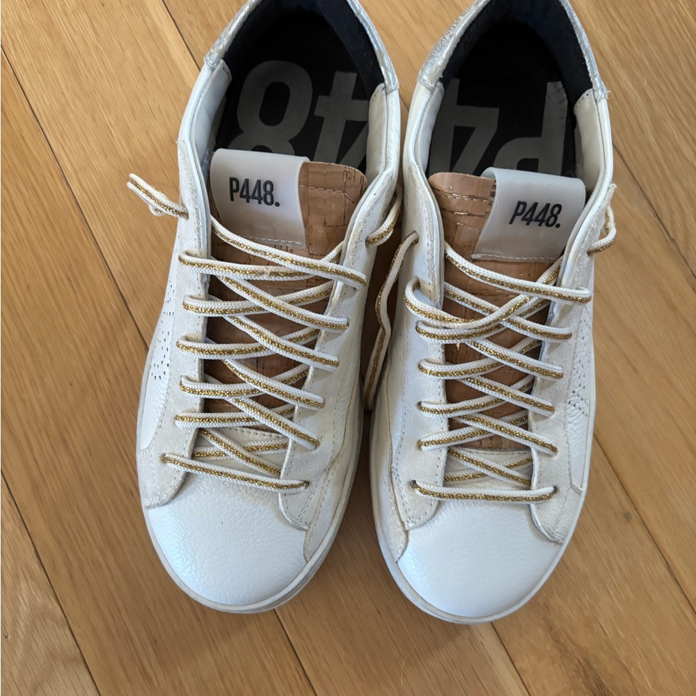 P448 Cream and Tan Leather Sneakers